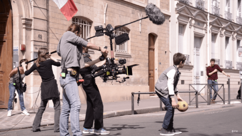 The film crew shooting in the streets of Paris - Save Kids Lives - A film directed by Luc Besson - #SAVEKIDSLIVES - FIA foundation